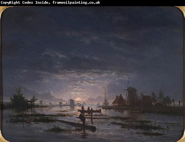 Jacob Abels An Extensive River Scene with Fishermen at Night